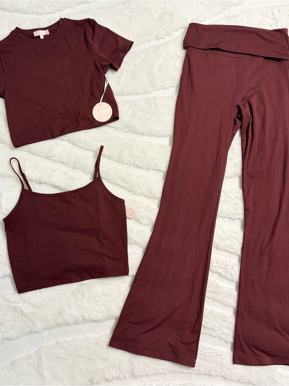 Posie Active Burgundy 3 Piece Loungewear
Set (Tee, Tank, & Flare Foldover Pants)